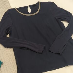 Chic Navy Long Sleeve Top with Silver Trim